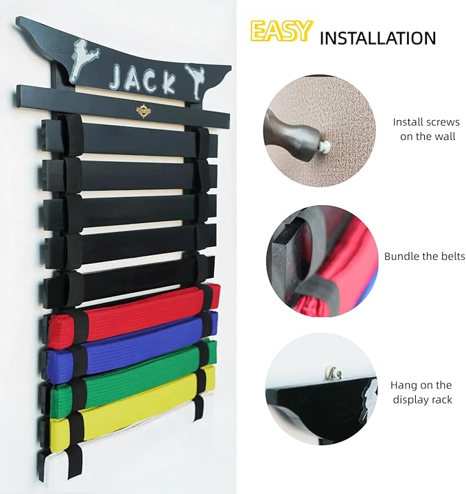 Martial Arts Belt Display Rack, Wooden Wall Mount, Karate and Taekwondo Belt Holder