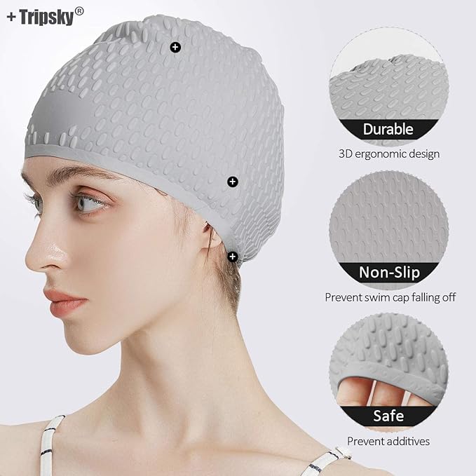 Tripsky Silicone Swim Cap,Comfortable Bathing Cap Ideal for Curly Short Medium Long Hair, Swimming Cap for Women and Men, Shower Caps Keep Hairstyle Unchanged…