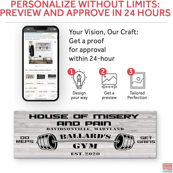 Tailored Canvases Personalized Gym Sign Wall Art Decor - Motivational Canvas for Home Gym, Workout Room, Garage, Fitness Center - Workout Inspirational Posters - House of Misery and Pain, White Wood 36x12in