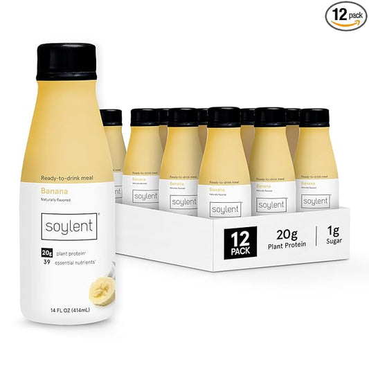 Soylent Banana Meal Replacement Shake, Ready-to-Drink Plant Based Protein Drink, Contains 20g Complete Vegan Protein and 1g Sugar, 14oz, 12 Pack