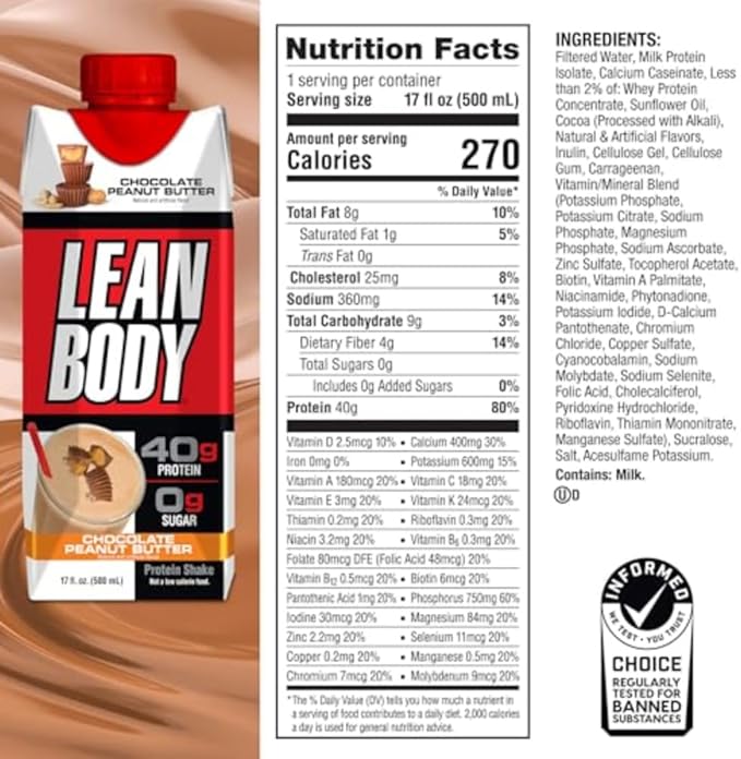 Lean Body Ready-to-Drink Protein Shake, 40g Protein, Whey Blend, 0 Sugar, Gluten Free, 22 Vitamins & Minerals, (Recyclable Carton & Lid - Pack of 12) LABRADA (Chocolate Peanut Butter)
