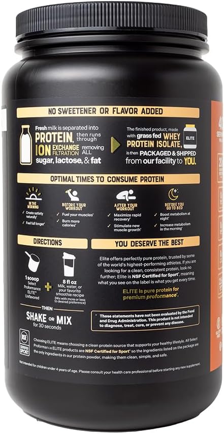 Select Proformance Elite Whey Protein Isolate Powder, Unflavored, NSF Certified, No Added Sugar, 20g of Protein per Serving, 40 Servings, 2 Lbs