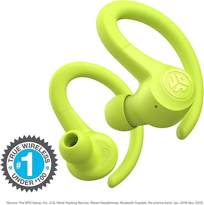 JLab Go Air Sport True Wireless Earbuds, Yellow, Featuring C3 Clear Calling, Secure Earhook Sport Design, 35+ Hour Bluetooth Playtime, and 3 EQ Sound Settings