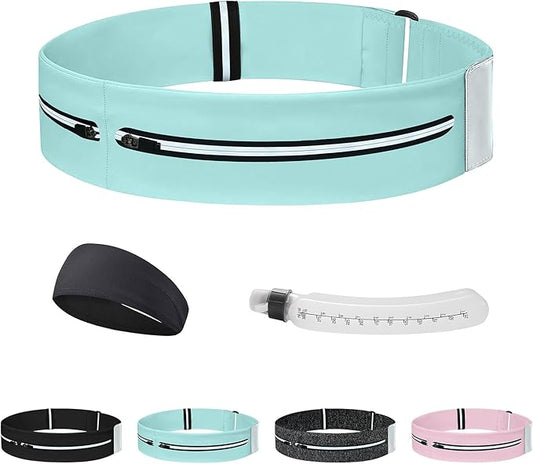 Running Belt for Women and Men, Adjustable Fanny Packs No Bounce Phone Holder for Running with Water Bottle & Headband, Waterproof Reflective Waist Packs for Runner Fits All Phones (L-Blue)