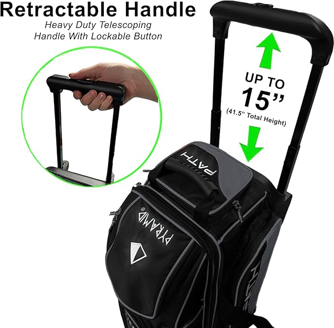 Pyramid Path Triple Premium Deluxe Roller Bowling Bag With Extra Large Separate Shoe Compartment (Up To US Mens Size 16) and 5 Accessory Pockets, 5" Wheels, Retractable Locking Handle - Extends to 42"