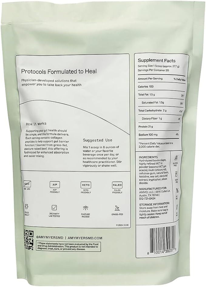 Amy Myers MD Paleo Protein Powder - with Collagen Peptides for Gut Health - Supports Hair, Skin & Nails - Non-GMO, Gluten-Free, Non-Dairy & More - Vanilla Bean - 19.54 oz (20 Servings)