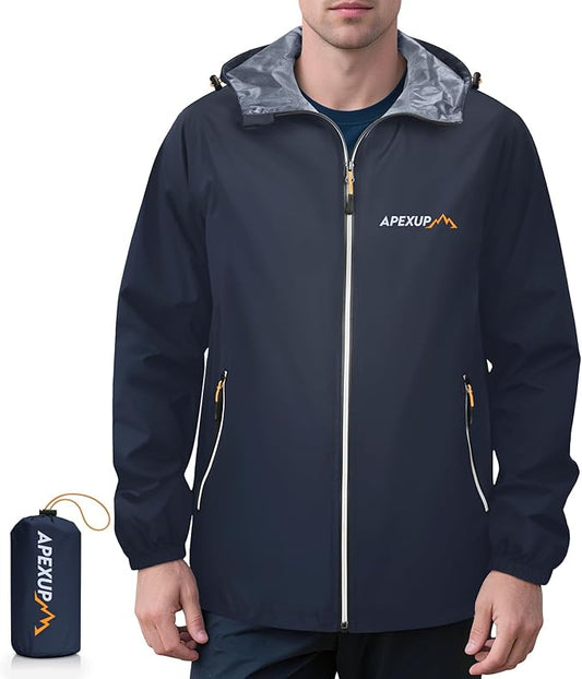 APEXUP Packable Rain Jacket Men with Reflective Zipper, Lightweight Waterproof Raincoat, Mens Rain Jacket for Outdoor Sports