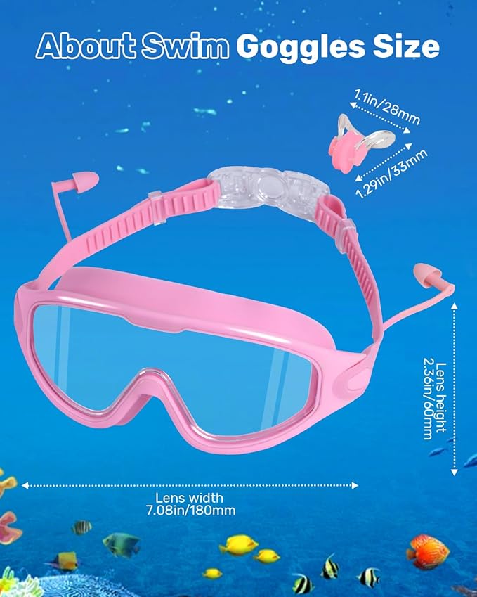 Swim Goggles for Adults, Wide View Anti-Fog & UV Swimming Goggles with Nose Clip & Ear Plugs, No Leak