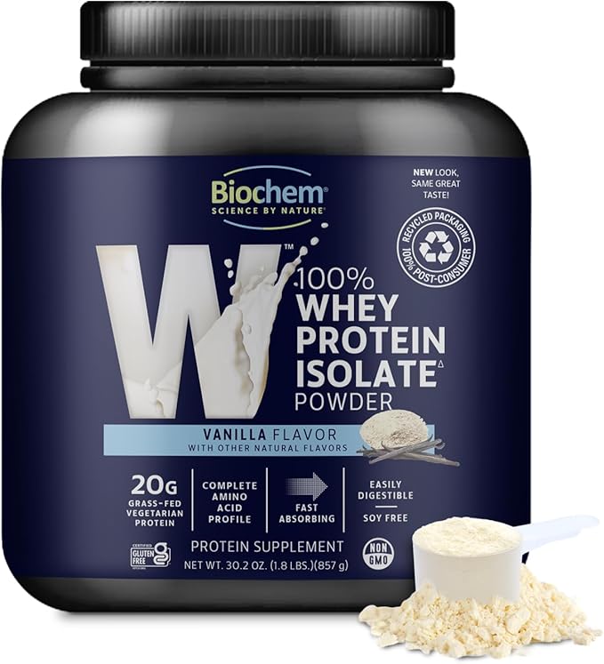 Biochem Whey Protein Isolate Powder - Vanilla Flavor, 20 Grams per Serving, Sourced from Grass Fed Cows, Non-GMO, Vegetarian, No Artificial Flavors or Sweeteners - Supports Muscle Mass & Performance