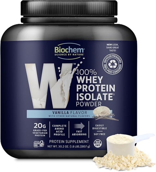 Biochem Whey Protein Isolate Powder - Vanilla Flavor, 20 Grams per Serving, Sourced from Grass Fed Cows, Non-GMO, Vegetarian, No Artificial Flavors or Sweeteners - Supports Muscle Mass & Performance
