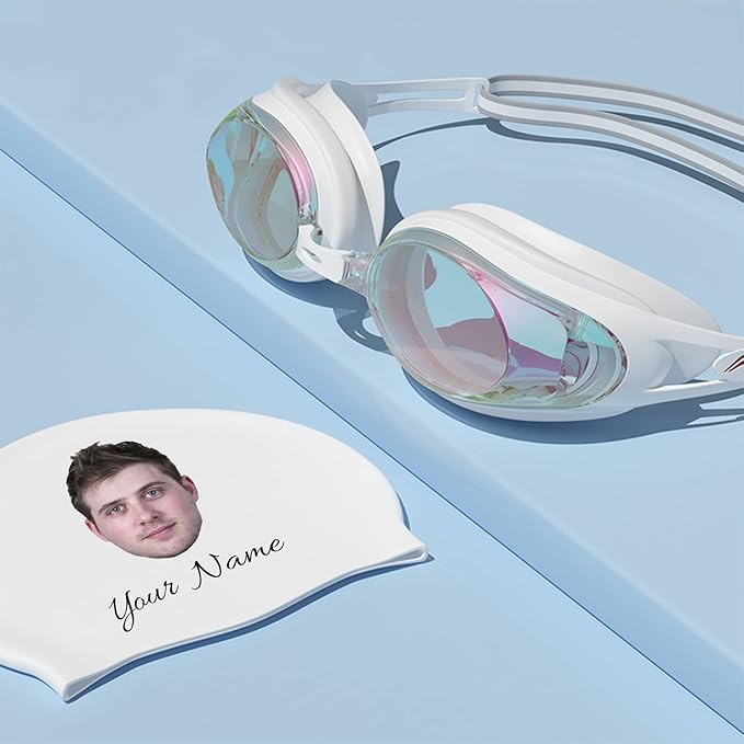 Custom Swim Cap with Photo Personalized Silicone Swim Cap for Men and Women Swimming Customized Swimmers Cap for Short and Medium Length Hair