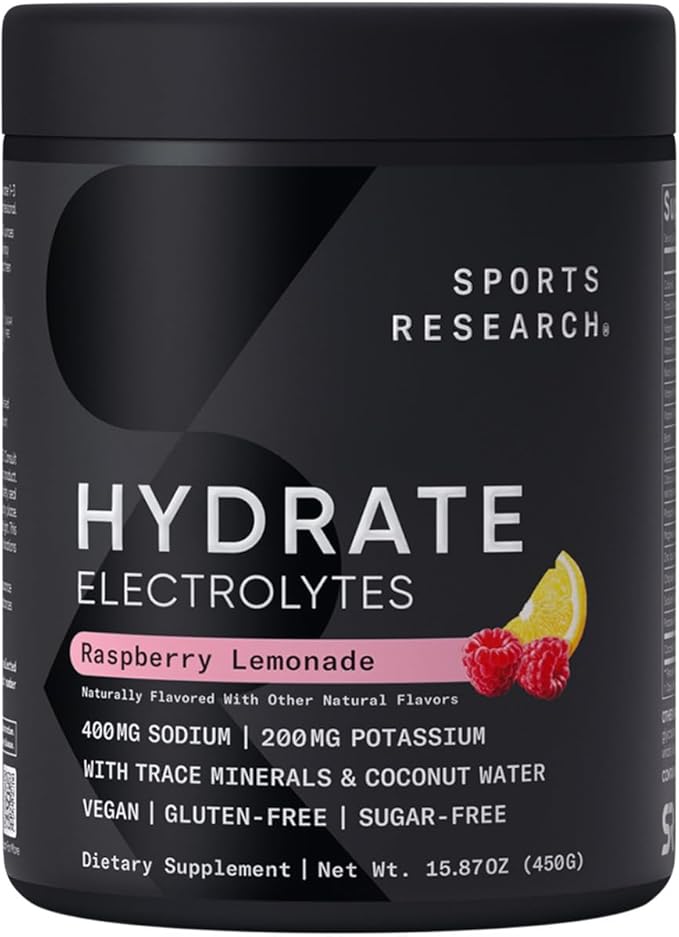 Sports Research® Hydrate Electrolytes Powder - Sugar-Free & Naturally Flavored with Vitamins, Minerals, and Coconut Water - Supports Hydration - Raspberry Lemonade - 90 Servings