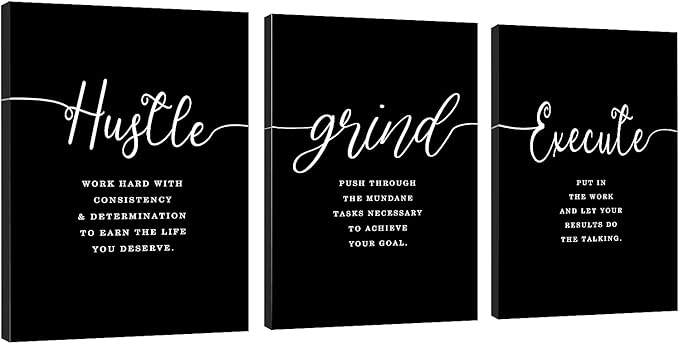 Office Decor - Hustle Quotes Execute Prints, Framed Canvas Wall Art Grind Quote, Office Wall Art, Black Large Poster, Positive MotivationalPrints, Inspirational Print (F-3pcs,12x16inchx3pcs)