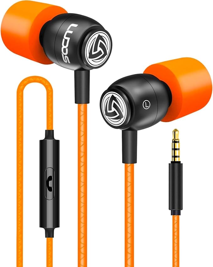 LUDOS Clamor Wired Earbuds in-Ear Headphones, 5 Years Warranty, Earphones with Microphone, Noise Isolating Ear Buds, Memory Foam for iPhone, Samsung, School Students, Kids, Women, Small Ears - Orange