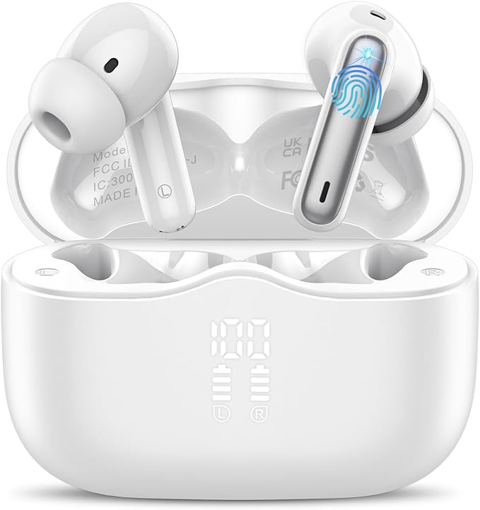 Wireless Earbuds, Bluetooth 5.4 Headphones in Ear with 4 ENC Noise Cancelling Mic, New Wireless Earphones HiFi Stereo Deep Bass 40H Playtime, In-Ear Bluetooth Earbuds LED Display IP7 Waterproof, White