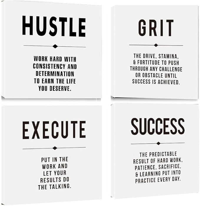 Motivational Grit Success Execute Hustle White Quotes Canvas Wall Art -Inspirational Wall Art Poster Canvas Artwork Picture Print Framed for Home Bedroom-16 x16in x4pcs