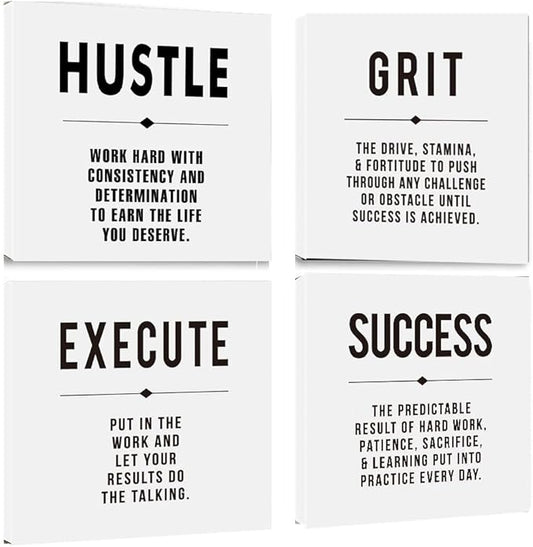 Motivational Grit Success Execute Hustle White Quotes Canvas Wall Art -Inspirational Wall Art Poster Canvas Artwork Picture Print Framed for Home Bedroom-16 x16in x4pcs