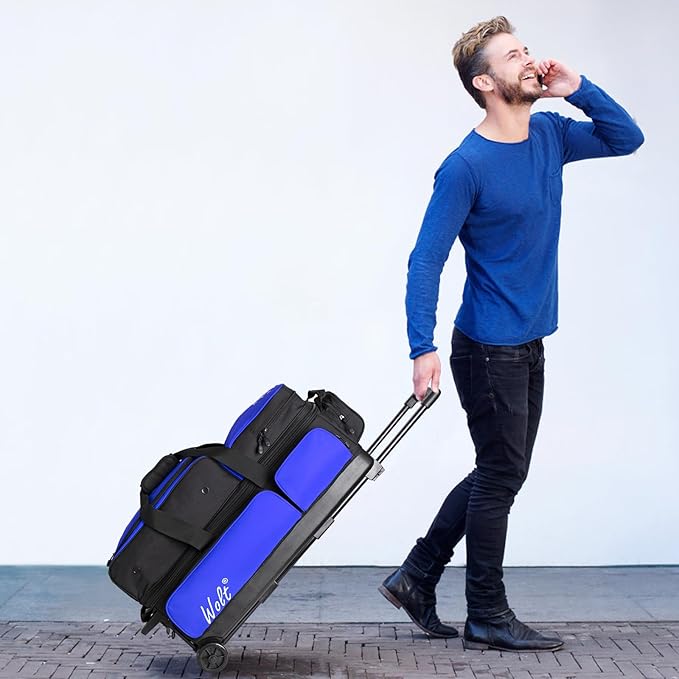 WOLT 3 Ball Bowling Bags with Wheels,Bowling Ball Bag 3 Ball Roller with Separate Shoe Compartment and Accessory Pocket, Retractable Handle Extends to 38’’