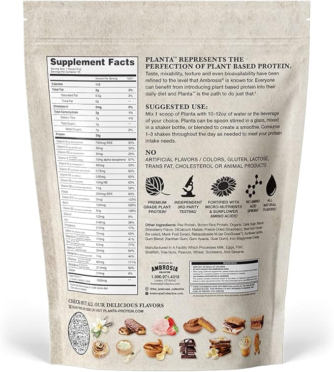 Ambrosia Planta - Premium Organic Plant-Based Protein | Vegan & Keto Friendly | Gourmet Flavors | No Bloating or Stomach Upset | Gluten & Soy Free | No Added Sugar | 25 Servings | Strawberry Ice Cream
