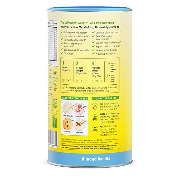 Almased Protein Powder for Weight Loss Kit for Men & Women, Natural Meal Replacement Shake for Weight Loss, Supplement, 24 Grams of Protein Per Serving (Almond Vanilla Flavor, 3 Cans @ 17.6 oz ea + Scoop)