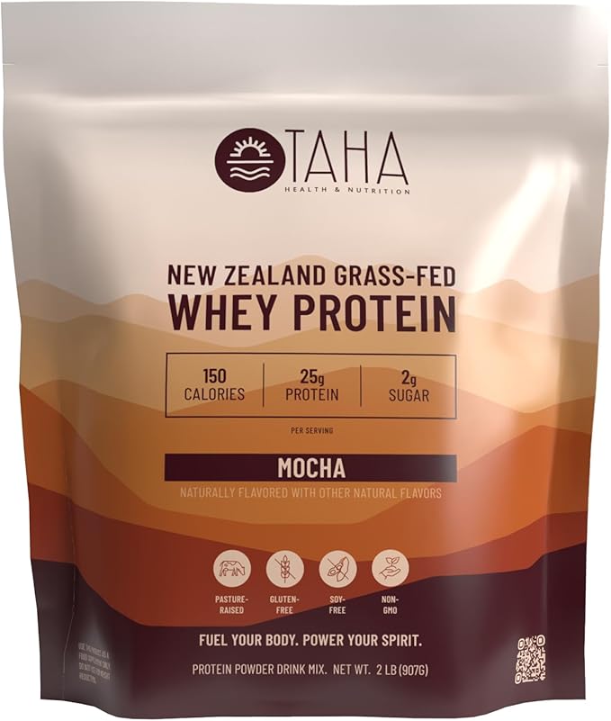 Taha Health & Nutrition Mocha Flavored Whey Protein Concentrate Powder, 25g Protein, 140 Calories, 2g Sugar | New Zealand Grass-Fed, Free-Range Dairy | Gluten and Soy Free, Keto, Kosher | 2LB