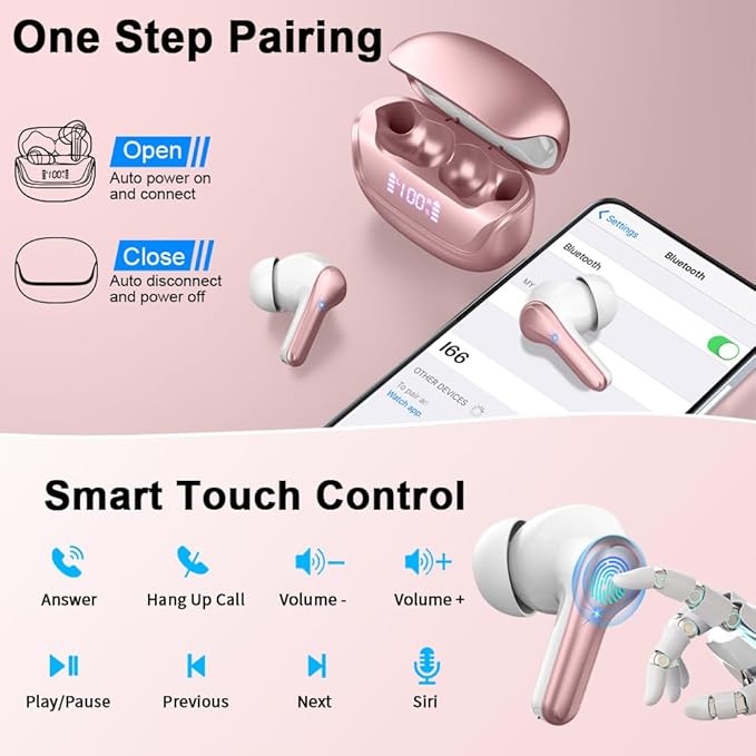 Wireless Earbuds Bluetooth 5.4 Headphones Noise Cancelling, 40H Playtime Bluetooth Ear Bud with Dynamic Drivers Stereo, Sports Earphones Wireless with LED Power Display for Laptop Pad Phones