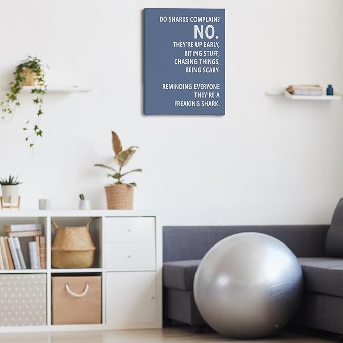 Rusenbao Gym Motivational Workout Wall Art, Home Gym Decor, Inspirational Workout Room Decor, Do Sharks Complain About Monday, Canvas Wall Art for Exercise Fitness Room Office, 11x14 inch(Blue)