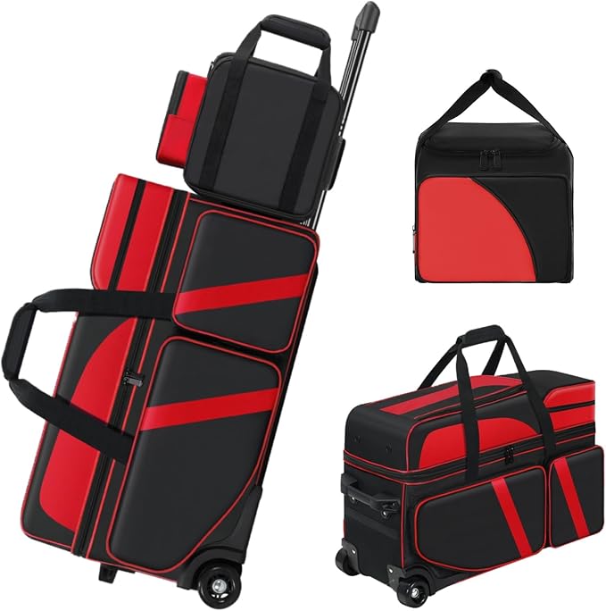 4 Ball Bowling Bags with Wheels, Bowling Ball Bag with Multi-Pockets,4 Ball Bowling Bag with Secure Buckle Fixed Ball Cup & Shoe Compartment,3 Ball Bowling Bag+1 Ball Color Matching Add On Tote