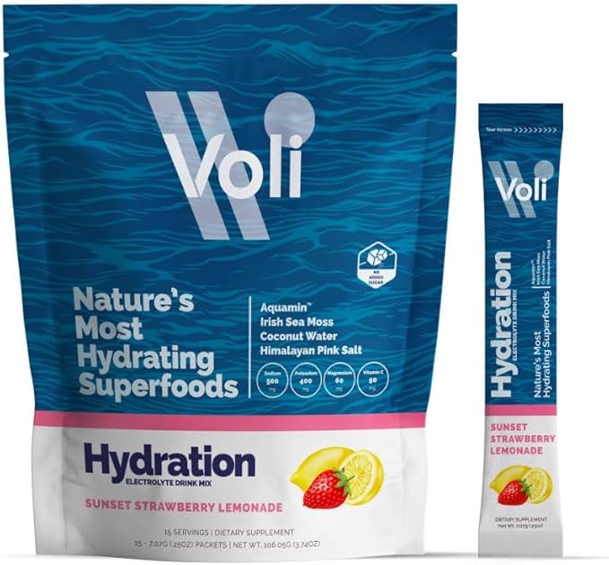 Voli Electrolytes Powder Packets | No Added Sugar Electrolyte Drink Mix for Hydration | Keto & Fasting Friendly, Natural Superfoods & Minerals | Strawberry Lemonade, 15-Count