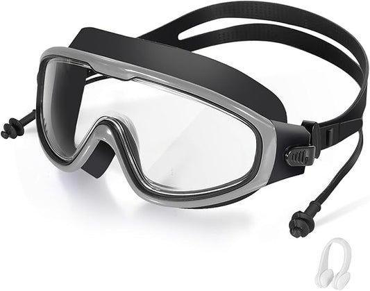 Adult Swimming Goggles,Leak-Proof,Anti-Fog Pool Glasses,Wide View Swim Goggles with Ear Plugs and Nose Clip