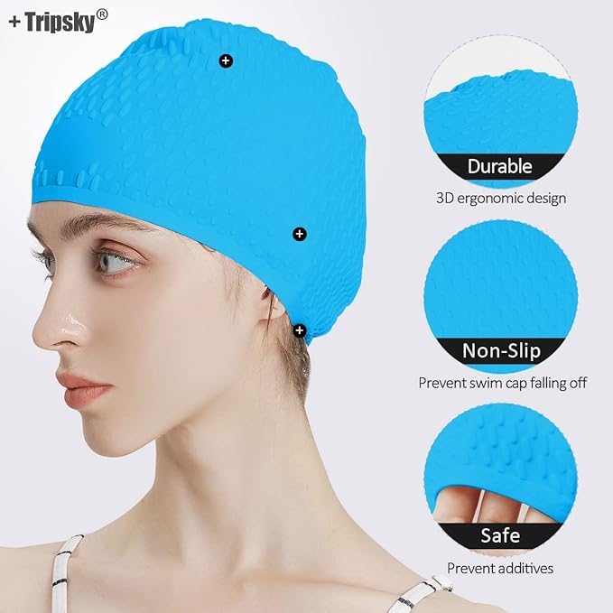 Tripsky Silicone Swim Cap,Comfortable Bathing Cap Ideal for Curly Short Medium Long Hair, Swimming Cap for Women and Men, Shower Caps Keep Hairstyle Unchanged…