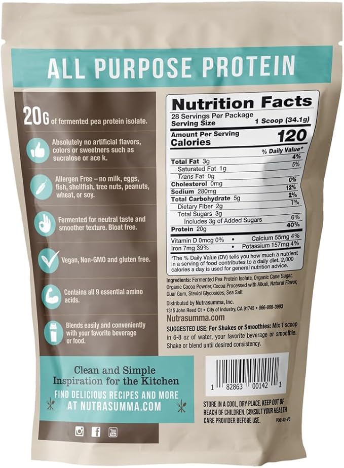 Pea Protein Powder, Vegan Chocolate Flavor, 100% Plant Based, No Artificial Sweeteners, Non GMO, Gluten Free & Soy Free, 2.11 LB
