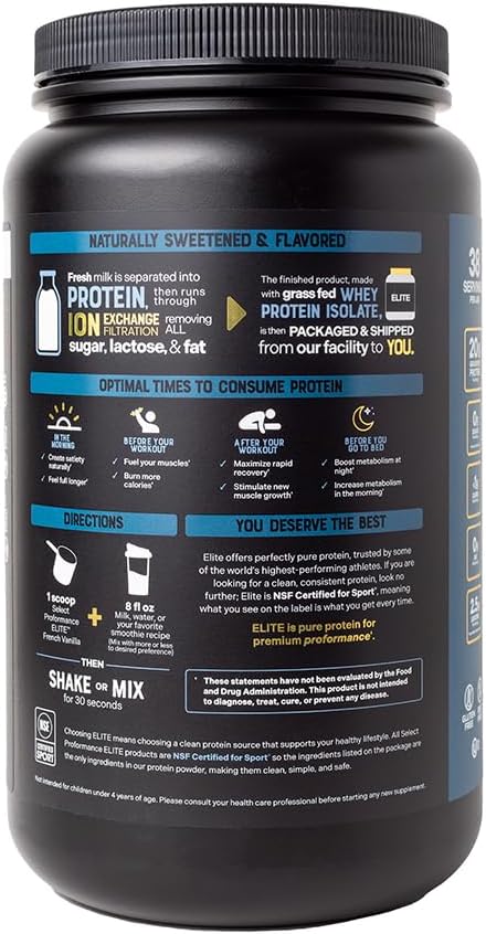 Select Proformance Elite Whey Protein Isolate Powder, French Vanilla, NSF Certified, No Added Sugar, 20g of Protein per Serving, 38 Servings, 2 Lbs