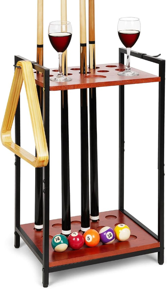 Pool Stick Holder Floor Stand - Multifunctional Billiard Cue Rack Hold 10 Pool Cue, Billiard Balls, Cup, Wood Cue Stick Holder Stand Pool Table Accessories for Game Room Billiard Room Decor Club (Red)