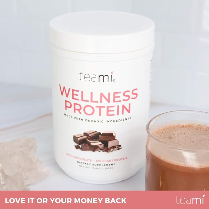 Teami Wellness Vegan Protein Powder - Organic Ingredients (14 Servings, 13.6 Ounce) Smooth Textured Chocolate Plant Based Protein Powder, Low Net Carbs, Non-GMO, Dairy Free, Soy Free, No Sugar Added