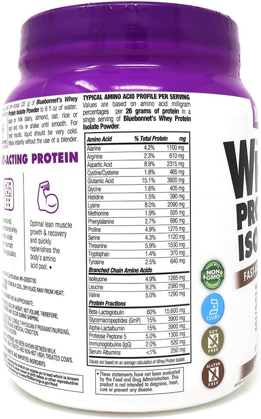 Bluebonnet Nutrition Whey Protein Isolate Powder, Whey From Grass Fed Cows, 26g of Protein, No Sugar Added, Gluten Free, Soy free, kosher Dairy, 1 Lb, 14 Servings, Chocolate Flavor