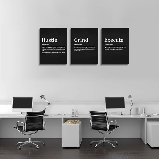 EPHANY Hustle Grind Execute - Wall Hanging Decor, Framed Canvas Office Art, Set of 3 Inspirational Prints