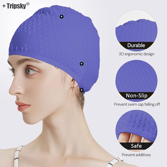 Tripsky Silicone Swim Cap,Comfortable Bathing Cap Ideal for Curly Short Medium Long Hair, Swimming Cap for Women and Men, Shower Caps Keep Hairstyle Unchanged…