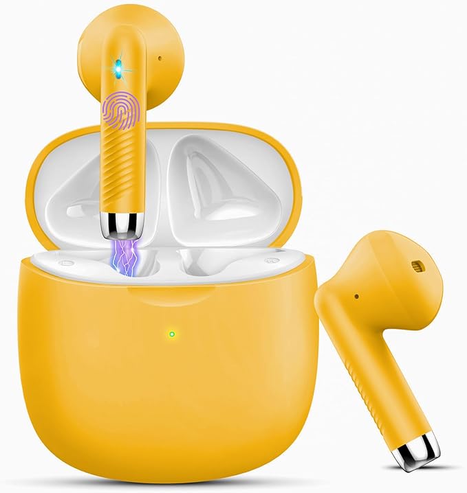 Wireless Earbuds, Bluetooth 5.4 Headphones in Ear with Noise Cancelling Mic, Bluetooth Earbuds Stereo Bass, IP7 Waterproof Sports Earphones, 32H Playtime USB C Charging Ear Buds Yellow for Android iOS