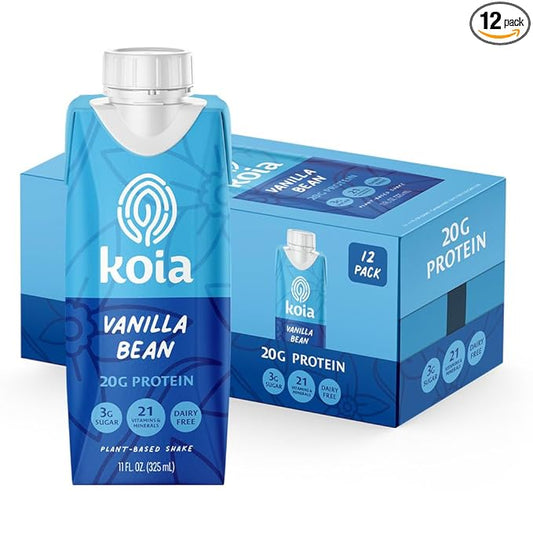 Koia Plant Based Protein Shake, Vanilla Bean, 20g Protein, 3g Sugar, 6g Prebiotic Fiber, 21 Vitamins & Minerals, Meal Replacement Drinks, Dairy-Free, Gluten-Free, Non-GMO, 11 Fl Oz (Pack of 12)