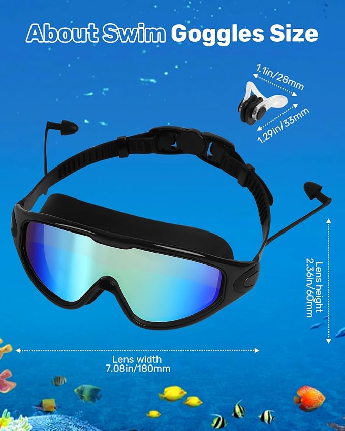 Swim Goggles for Adults, Wide View Anti-Fog & UV Swimming Goggles with Nose Clip & Ear Plugs, No Leak