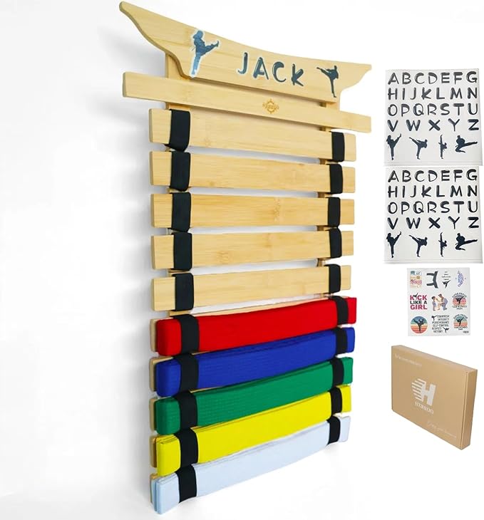 Martial Arts Belt Display Rack, Wooden Wall Mount, Karate and Taekwondo Belt Holder