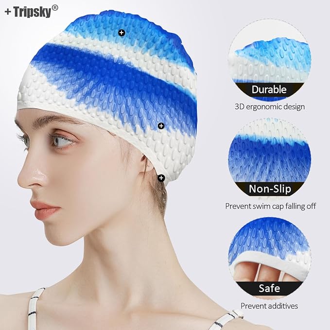 Tripsky Silicone Swim Cap,Comfortable Bathing Cap Ideal for Curly Short Medium Long Hair, Swimming Cap for Women and Men, Shower Caps Keep Hairstyle Unchanged…