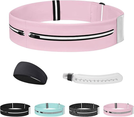 Running Belt for Women and Men, Adjustable Fanny Packs No Bounce Phone Holder for Running with Water Bottle & Headband, Waterproof Reflective Waist Packs for Runner Fits All Phones (L-Pink)