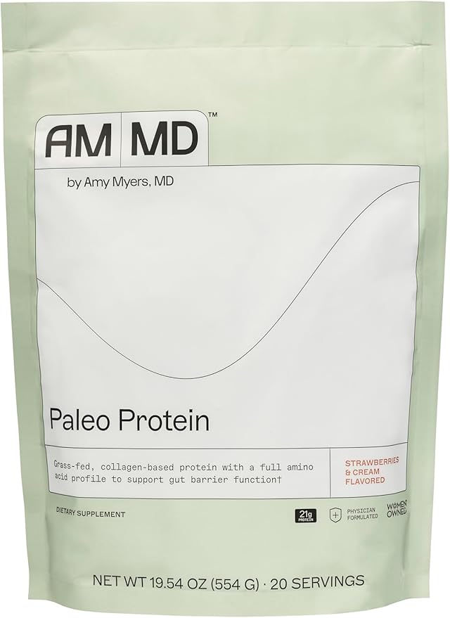 Amy Myers MD Paleo Protein Powder - Strawberries & Cream, 20 Servings - Collagen-Based Gut Function Support - Gluten-Free & Non-Dairy Protein Supplement