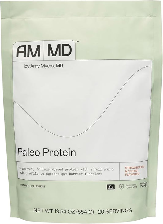 Amy Myers MD Paleo Protein Powder - Strawberries & Cream, 20 Servings - Collagen-Based Gut Function Support - Gluten-Free & Non-Dairy Protein Supplement