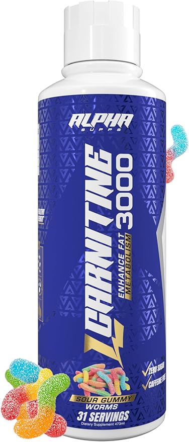 L Carnitine Liquid 3000 | Stimulant-Free L-Carnitine Supplement for Men & Women | Pre-Workout Energy Boost & Muscle Recovery | Zero Sugar, Fat, & Carbs | 31 Servings (Sour Gummy Worms)