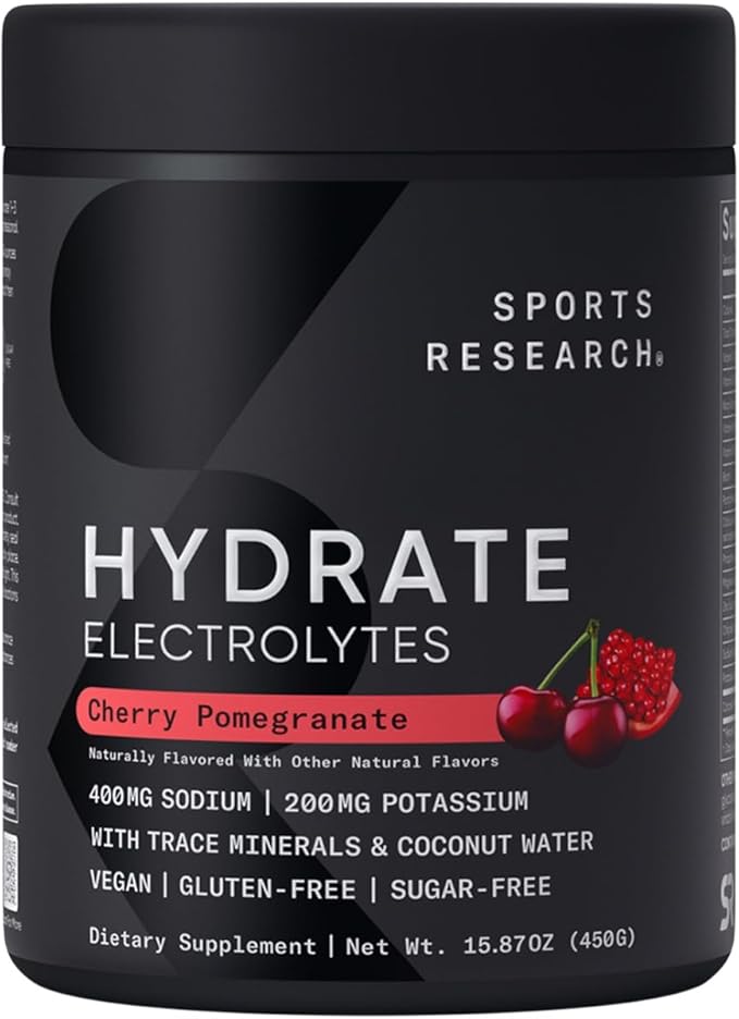 Sports Research® Hydrate Electrolytes Powder - Sugar-Free & Naturally Flavored with Vitamins, Minerals, and Coconut Water - Supports Hydration - Cherry Pomegranate - 90 Servings