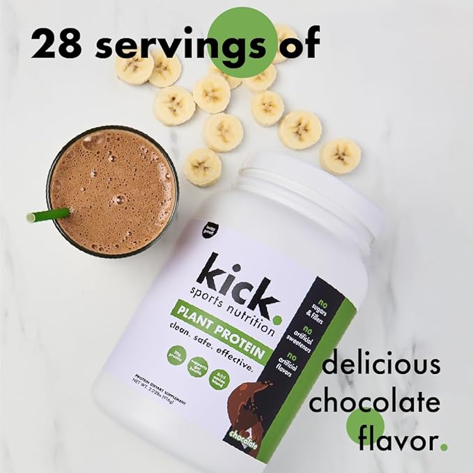 Kick Plant Protein Powder, Chocolate Flavor, 20 G Protein, Gluten Free Workout Supplement with Aminos Acids to Support Fitness Goals & Gut Health, No Sugar, No Artificial Flavors, 28 Servings