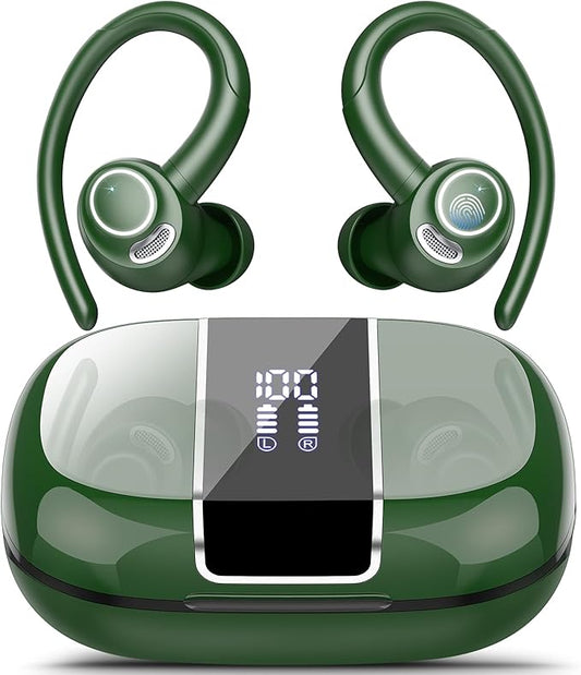 Wireless Earbuds Bluetooth 5.3 Headphones Sports, 48Hrs Playtime Bluetooth Earbuds with CVC 8.0 Mic, Stereo Bass Over Ear Bud with Earhooks, LED Display, IP7 Waterproof Earphon for Running Green
